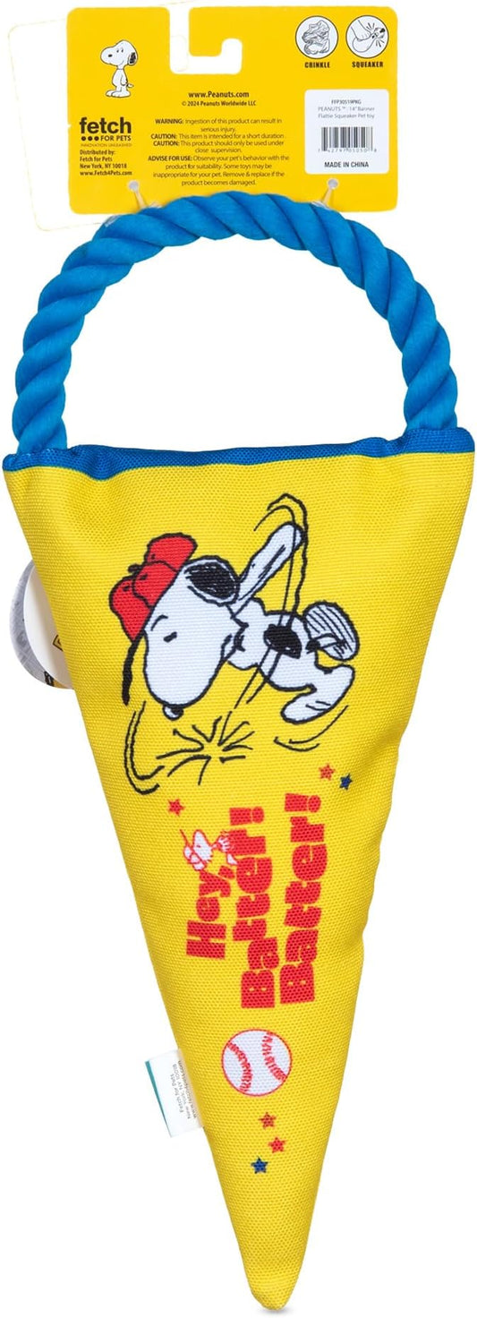 Peanuts for Pets Durable Dog Toy - Athlete Snoopy Flattie Fan Banner with Rope Tug, Squeaker, and Crinkle - Interactive Chew Toys for Small, Medium, Large Dogs and Puppies