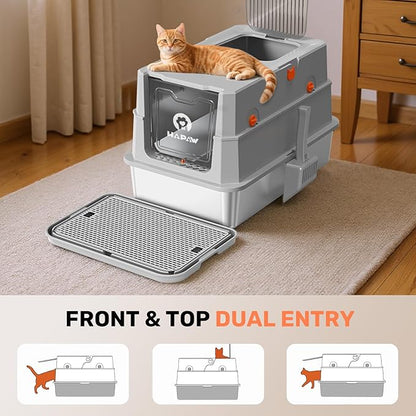 Stainless Steel Litter Box with Lid, Anti-Leakage Enclosed Metal Litter Box, Flip-Top Extra Large Kitty Litter Pan with Scoop & Pedal, Odor Free, Front & Top Dual Entry, Light Gray