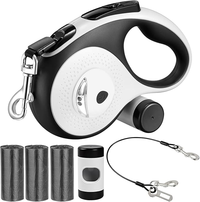 26Ft Retractable Dog Leash - for Dog Up to 110lbs, Tangle Free Walking Leash with Chew Proof Cable | LED Light | Dispenser | Poop Bags, Quick Lock Braking & Non-Slip Handle (White)