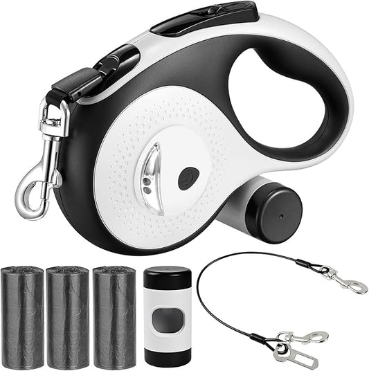 26Ft Retractable Dog Leash - for Dog Up to 110lbs, Tangle Free Walking Leash with Chew Proof Cable | LED Light | Dispenser | Poop Bags, Quick Lock Braking & Non-Slip Handle (White)