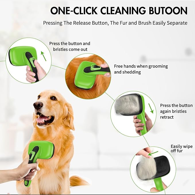 3PC Dog Brush Kit - Self-Cleaning Slicker Brush with Bath Brush & Undercoat Rake | Deshedding Tools for Large - Small Dogs & Cats, Professional Pet Grooming Set for Heavy Shedding, Green