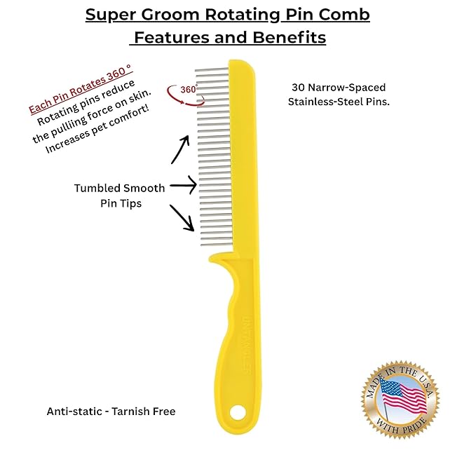 Super-Groom Combs with Smooth Rotating Teeth for Painless Mat Removal (30 Fine-Spaced Teeth, Sun Yellow)