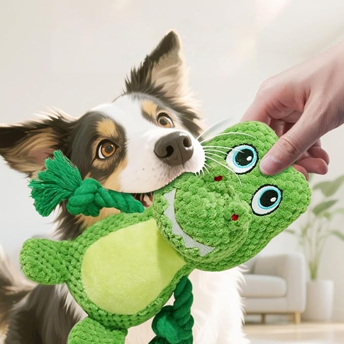 Cute Animals Interactive Squeaky Dog Toy with a Vocal Bladder, Crinkle Paper Stuffed Soft Cotton Chew Toy, Teething Rope Tug of War Pull Toy to Keep Them Busy for Puppy, Small Dogs - Green T.Rex