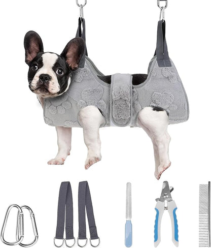 PAWCHIE Dog Grooming Hammock Harness for Dogs & Cats with Pet Nail Clipper Trimmer,Cat Hanger Sling for Trimming Clipping Nails,Warm Plush Dog Hammock Restraint Bag for Small Medium Large Dogs,Grey S
