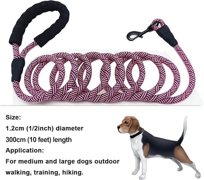 MayPaw Heavy Duty Rope Dog Leash, 3/4/5/6/7/8/10/12/15 FT Nylon Pet Leash, Soft Padded Handle Thick Lead Leashes for Large Medium Dogs (Pink Black, 1/2" * 10')