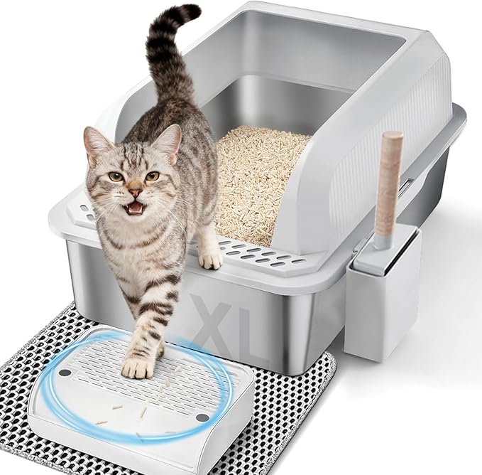 GTPLAYER Stainless Steel Cat Litter Box XL - Extra Large High-Sided Open-Top Metal Litter Box for Large & Multi-Cat Homes, Splash Guard, Low Entry, Easy Clean 304 Steel with Step, Mat & Scoop, White