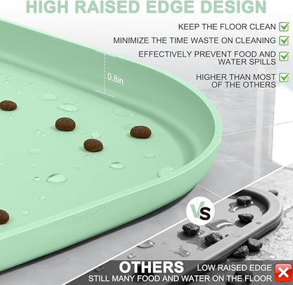 Silicone Pet Food Mat with Raised Edge for Food and Water Bowl, Dog Feeding Mats, Cat Food Trays for Floor Waterproof, Rubber Tray for Dogs and Cats, 24 x 16 x 0.8 Mint Green