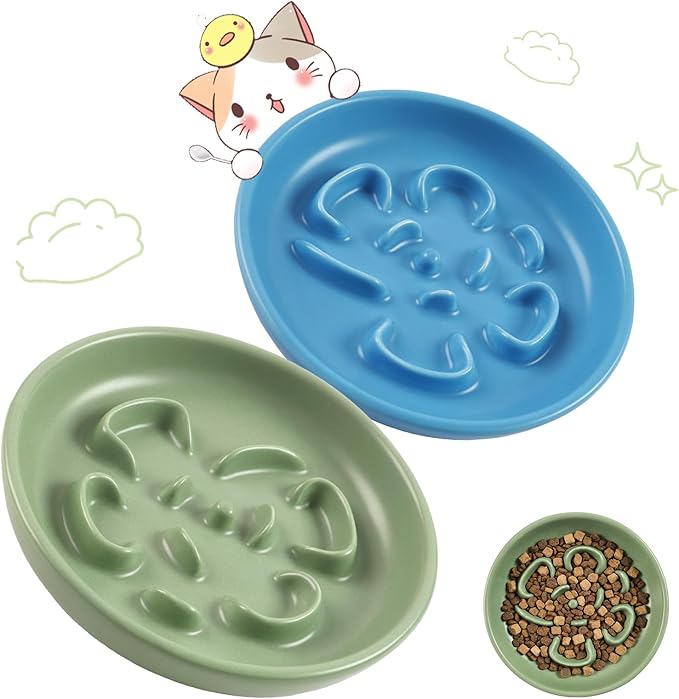 Cat Slow Feeder Bowl Set - 2 Pcs Pastel Series Cat Plate for Dry and Wet Food - Cute Maze Feeder Dish for Healthy Eating- Slow Feeding Bowls Whisker Friendly - Dishwasher Safe (Blue and Green)