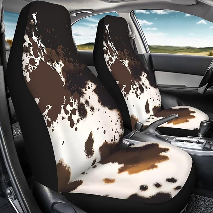 Car Seat Covers Waterproof Brown Cow Print Car Seat Covers Front Seats Only Easy Installation Stretch Polyester Fabric Cover Suitable for Cars, SUV and Trucks, 2 Pack
