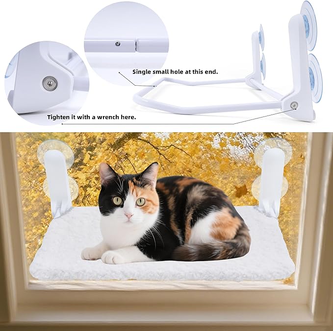 Cat Window Perch, Cordless Foldable Cat Hammock Bed with 4 Suction Cups, Embeded Machine Washable Bed for Indoor Cats, Strong Metal Frame Holds 40lbs (Beige)