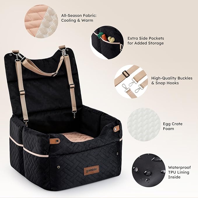 ZOMISIA Elevated Dog Car Seat for Medium Dogs, 3 Adjustable Heights with 2 Egg Crate Foam Boosters 4"+2", Dual-Sided Cooling&Plush Waterproof Cover, 2 Safety Leashes & Buckles, Black