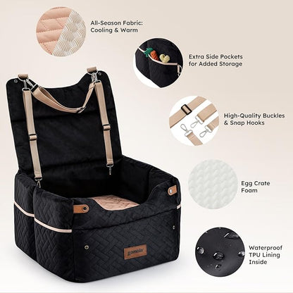ZOMISIA Elevated Dog Car Seat for Medium Dogs, 3 Adjustable Heights with 2 Egg Crate Foam Boosters 4"+2", Dual-Sided Cooling&Plush Waterproof Cover, 2 Safety Leashes & Buckles, Black