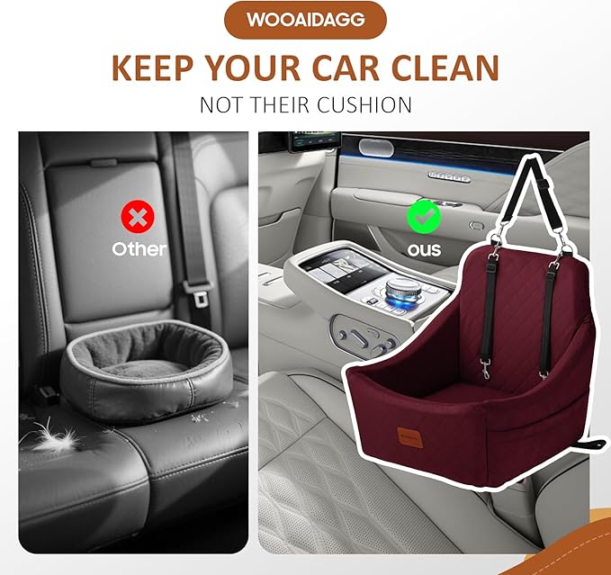 WOOAIDAGG Dog Car Seat for Medium Sized Dogs Up to 40lbs,Comfy Pet Travel Car Bed with Seat Belt Channle,Fully Detachable and Washable,Adjustable Straps,2 Side Pockets,Easy to Install (Red)