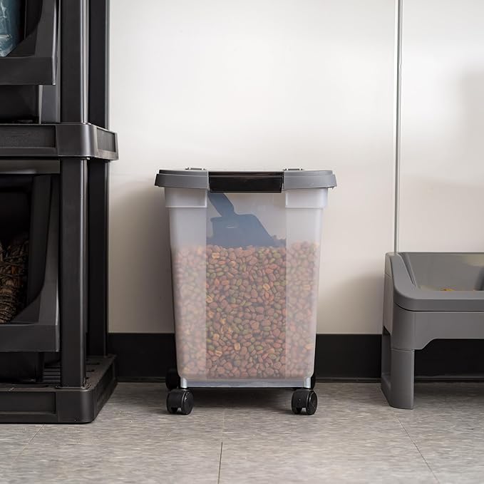 IRIS USA Airtight Dog Food Storage Container 25 lbs, Removable Wheels, for Dog Cat Bird and Other Pets, Food Storage Bin, Keep Fresh, Made in USA, Clear/Dark Gray
