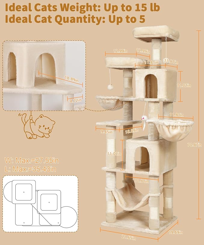 AMHANCIBLE Cat Tree, 70 Inch Cat Tower for Indoor Cats, Multi-Level Cat Tree with Scratching Post, Hammock, Hanging Basket, Large Cat Condos for Adult Cats Kittens, Beige, PT18BG