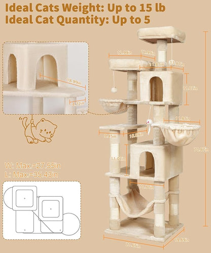 AMHANCIBLE Cat Tree, 70 Inch Cat Tower for Indoor Cats, Multi-Level Cat Tree with Scratching Post, Hammock, Hanging Basket, Large Cat Condos for Adult Cats Kittens, Beige, PT18BG