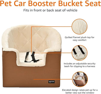Amazon Basics Dog Car Seat Booster for Small Dogs up to 25lbs, Washable Removable Cover, Safety Leash, Elevated View for Window, 18" x 18" x 16", Tan