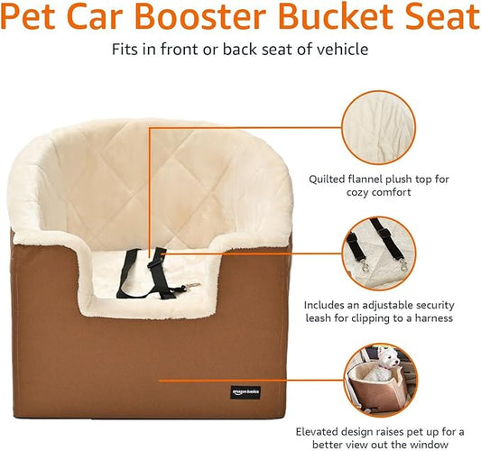 Amazon Basics Dog Car Seat Booster for Small Dogs up to 25lbs, Washable Removable Cover, Safety Leash, Elevated View for Window, 18" x 18" x 16", Tan