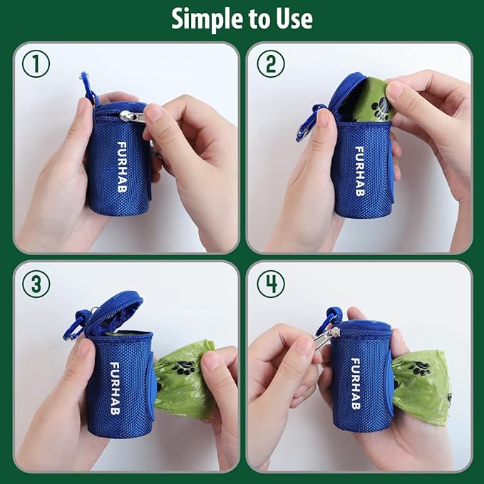 Dog Poop Bag Holder for Leash Doggie Waste Bag Dispenser Soft Fabric Puppy Potty Carrier Small Doggy Zipper Pouch with Carabiner Clip 1680D Nylon Oxford with 1 Roll of Pet Trash Bag, Royal Blue