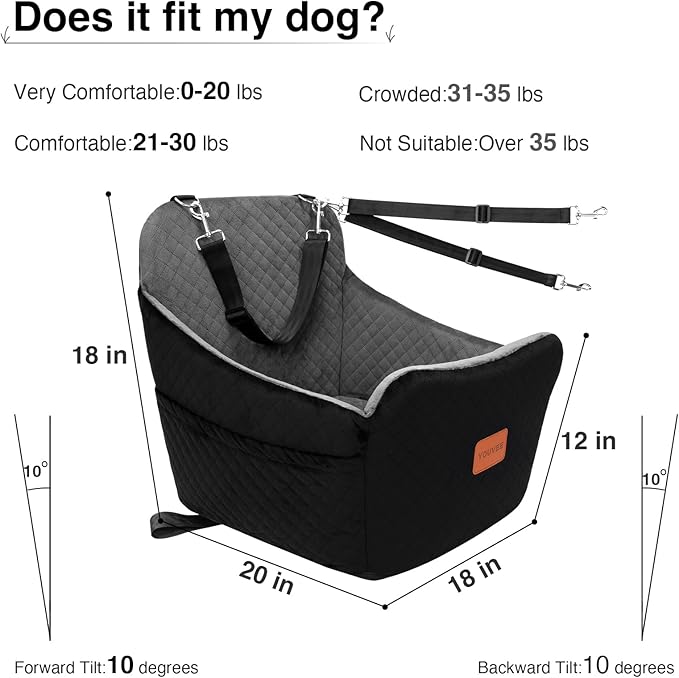 YOUVEE Dog Car Seat for Small/Medium Dog 20lbs 25lbs up to 32 lbs,Fully Detachable and Washable Puppy Booster seat with Storage Pockets,2 Adjustable Safety Belts(Black Outside Grey Inside)