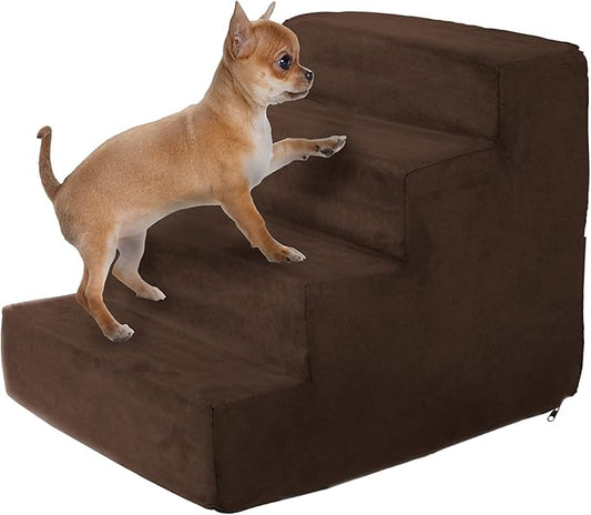 Dog Stairs for Small Dogs - 4-Step Dog Steps for High Bed and Couch - Pet Stairs with Nonslip Bottom, High-Density Foam, and Removable Washable Cover - Cat and Dog Furniture by PETMAKER (Brown)