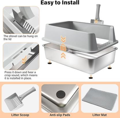 Stainless Steel Cat Litter Box with Lid, 2 Pack XL Metal Litter Box Stainless Steel with Mat & Scoop, Odor-Free/Anti-Leakage & Non-Stick, High-Sided Litter Box for Multiple Big Cats(XL/Grey)