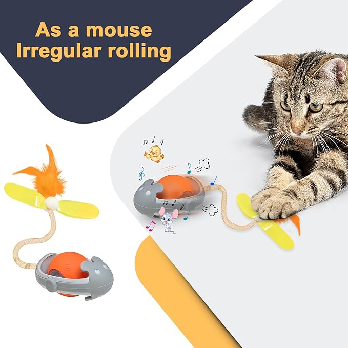 Tyasoleil Interactive Cats Toys Ball, Newly IMAGINABLE Agile Mice Moving Ball, Mice&Bird Voice Attract, Elastic Mesh Tail, Automatic Kitten Toys, 2 Replacement Feather, for Bored Adult Indoor Cats