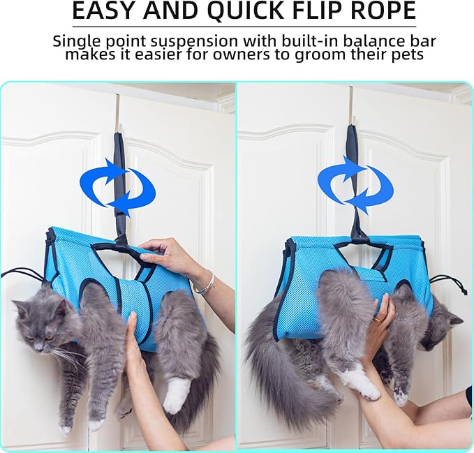 Pet Grooming Hammock for 10-20 lbs Pets - Door-Hook Hanging, Adjustable Height with Full Straps, Machine Washable, 1 Tool Bag Included, Blue
