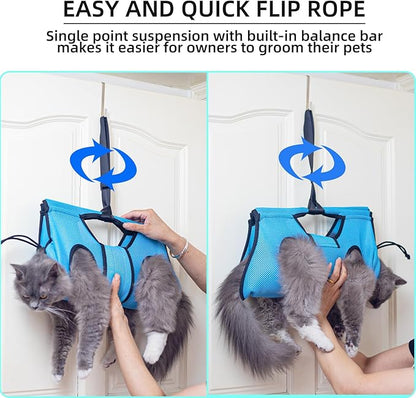 Pet Grooming Hammock for 10-20 lbs Pets - Door-Hook Hanging, Adjustable Height with Full Straps, Machine Washable, 1 Tool Bag Included, Blue