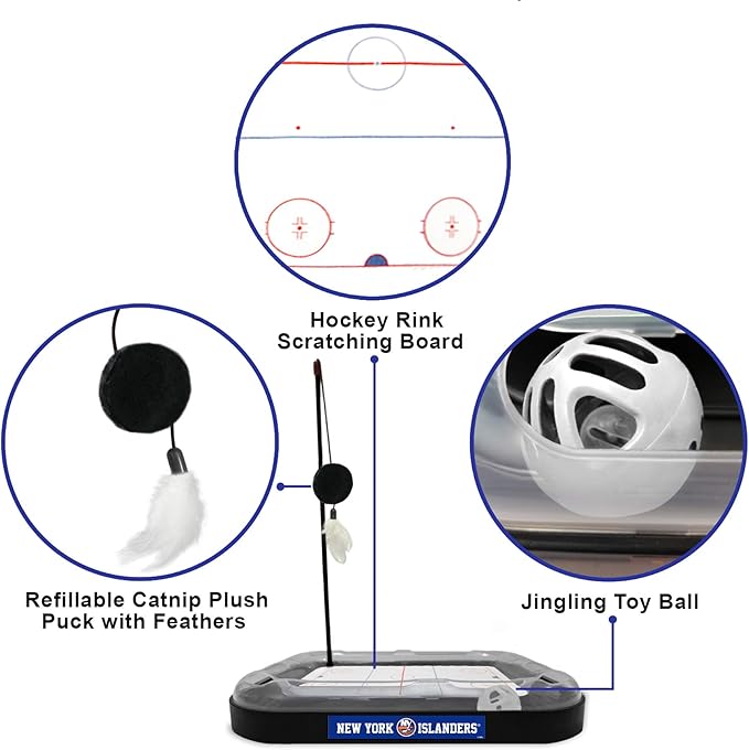 Pets First 5-in-1 NHL New York Islanders Hockey Field Cat Scratcher Toy with Interactive Cat Ball Bell
