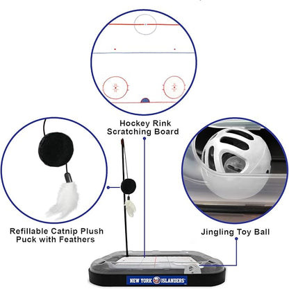 Pets First 5-in-1 NHL New York Islanders Hockey Field Cat Scratcher Toy with Interactive Cat Ball Bell