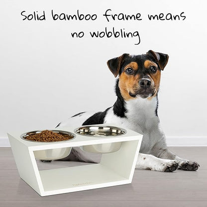 Pawfect Pets Elevated Dog Bowl Stand- 7" Raised Dog Bowl for Medium Dogs. Pet Feeder with Four Stainless Steel Bowls (White)