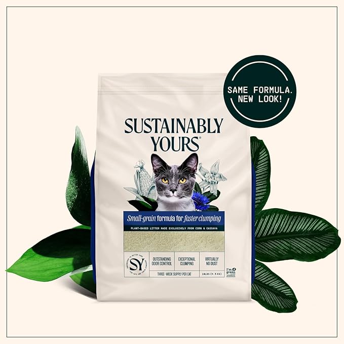 Sustainably Yours Natural Cat Litter, Small-Grain Formula, Exceptional Clumping & Odor Control, Virtually No Dust, Soft on Paws, Corn & Cassava Plant-Based, Unscented, 10 lbs