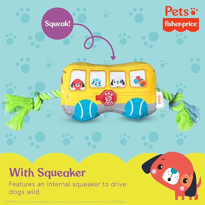 Fisher-Price for Pets School Bus Rope Toy for Dogs, Dog Tug Toy with Rope, Plush Dog Toy with Squeaker Inside, Developmental Dog Toys