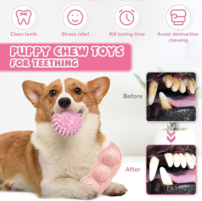 6 Pack Puppy Teething Toys Cute Pink Puppy Chew Toys for Teething Small Breed Dog Chew Toy Interactive Pet Toy Set for Puppies to Keep Them Busy Soft Durable Small Breed Doggy Chewing Ball