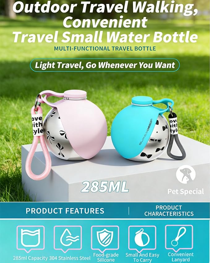 2-in-1 Portable Dog Water Bottle Leak Proof Stainless Steel Foldable Pet Water Bottle with Silicone Bowl Compact Travel Water Dispenser for Dogs One-Hand Operation for Walking Camping Travel (Blue-B)