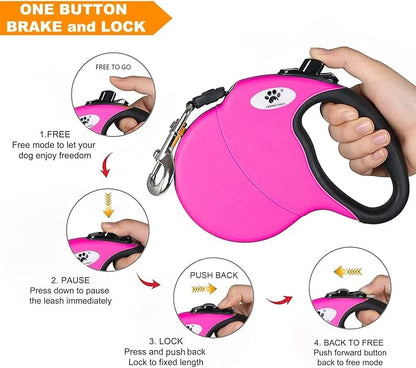 16 ft Retractable Dog Leash for Large Dogs up to 44 lbs,Tangle-Free Nylon Tape,Pink Dan M