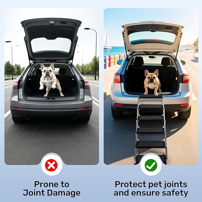 Dog Steps for Car, Truck and SUV - Foldable Pet Stairs for Large Dogs with Non-Slip Rug Surface, Lightweight Dog Ramp Holds Up to 250lbs, 6 Steps