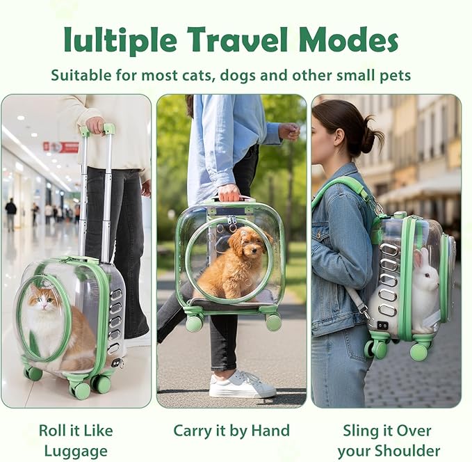 Pet Carrier with Wheels for Cats and Dogs, Clear Hard-Shell Rolling Pet Carrier with Retractable Handle, Airline-Approved Travel Carrier, Portable Cat and Dog Stroller (Green)