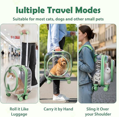 Pet Carrier with Wheels for Cats and Dogs, Clear Hard-Shell Rolling Pet Carrier with Retractable Handle, Airline-Approved Travel Carrier, Portable Cat and Dog Stroller (Green)