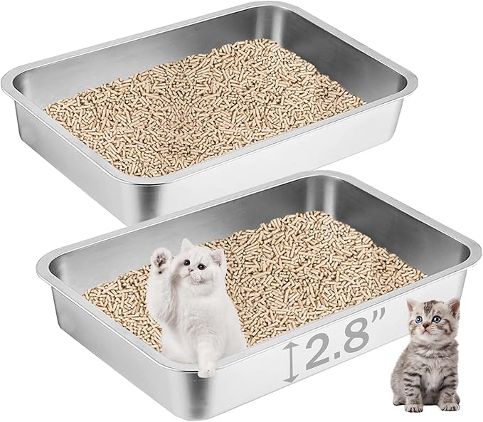 2 Pack Stainless Steel Cat Litter Box, 17.7"×13.8"×2.8" Metal Litter Pan, Small Litter Box for Little Cats Kittens, Easy Cleaning