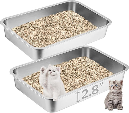 2 Pack Stainless Steel Cat Litter Box, 17.7"×13.8"×2.8" Metal Litter Pan, Small Litter Box for Little Cats Kittens, Easy Cleaning