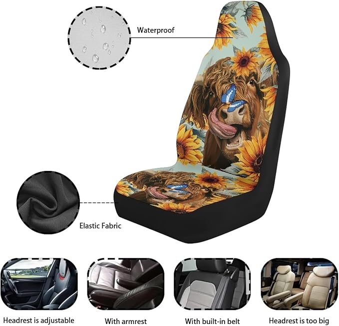 Highland Cow Car Seat Covers Anti Slip Car Seat Covers Front Seats Only Easy to Install and Clean Removable Automotive Accessories Universal Fit for Most Vehicle