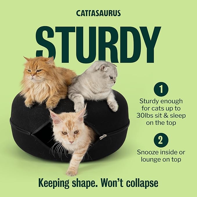 Cattasaurus Peekaboo Cat Cave Donut for Multiple & Large Cats up to 30-45 lbs, 3-in-1 Self Warming Cat Bed, Tunnel & Scratcher for Indoor Cats, Washable & Detachable Small Dog Bed (Black, Large)