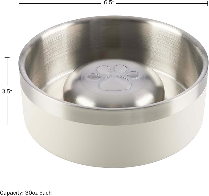 Set of 2 Stainless Steel Slow Feeder Dog Bowls - 30oz or 3.75 Cups Double Wall Insulated Food and Water Bowls for Dogs - Non Slip Metal Pet Dishes for Small-Medium Sized Pets PETMAKER (Cream)