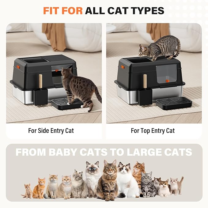 Removable Stainless Steel Cat Litter Box with lid, Side & Top Entry Kitty LitterBox，Cat Litter Box Enclosure, XL Extra Large High-Sided Metal Cat Box with Scoop, Footboard (Black)