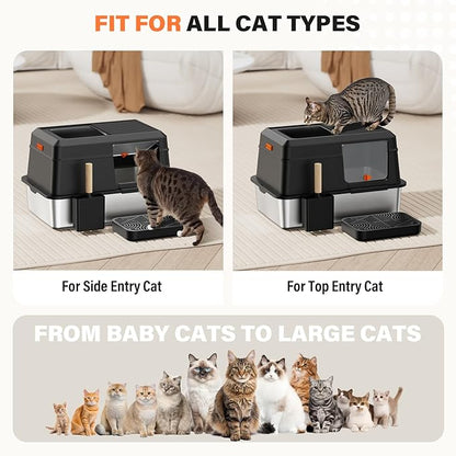 Removable Stainless Steel Cat Litter Box with lid, Side & Top Entry Kitty LitterBox，Cat Litter Box Enclosure, XL Extra Large High-Sided Metal Cat Box with Scoop, Footboard (Black)