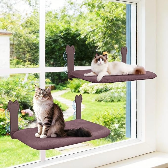 2 Pack Cat Window Perch,Cat Window Hammock Cordless Foldable Window Bed with 4 Large Strong Suction Cup,Reversible Cushion Cover,Metal Frame Easy to Adjust Window Seat Holds up to 40lbs(Brown)