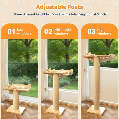 54.3" Cat Window Perch with 3 Adjustable Roman Column Sisal Scratching Posts, Drill-Free Suction Cups, Multi-Level Perch for Climbing & Bird Watching, 60 lbs Capacity