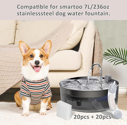 20 Pack Pet Water Fountain Filters Compatible with Smartoo 7L / 236oz / 1.8Gal Stainless Steel Dog Water Fountain, Pet Dog Fountain Filter Replacement,20 Filters + 20 Sponges